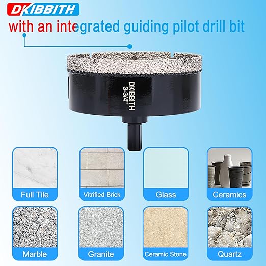 DKIBBITH 3-3/4" Diamond Hole-Saw Bits with Pilot Drill Bit - 3-3/4" Diamond Tipped Tile Hole Saws with Guiding Bit for Porcelain Tile Ceramic Pottery Granite Stone Glass Bottles 95mm.