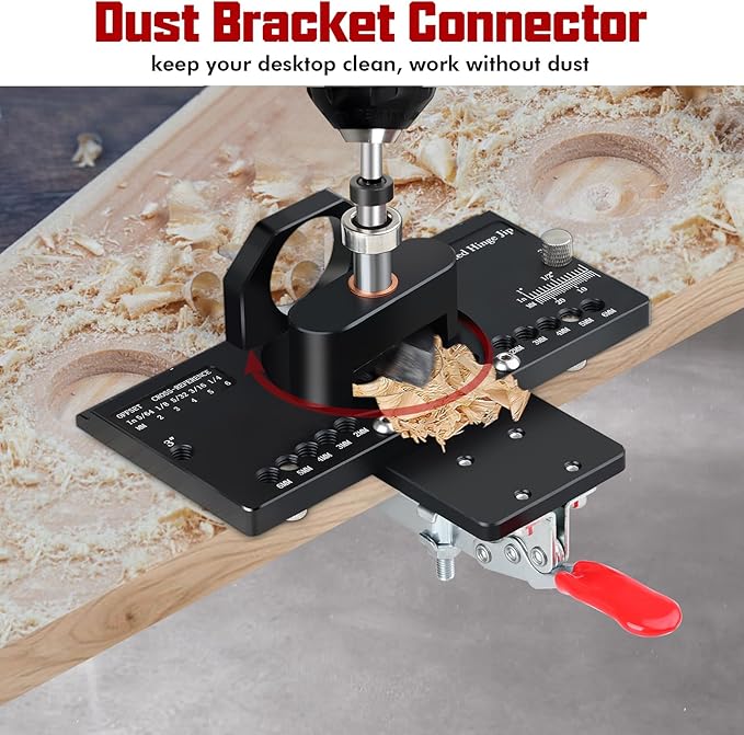 35mm Concealed Hinge Jig, Cabinet Hardware Jig with Quick Clamp and Dust Collection Adapter, Aluminum Alloy Hinge Hole Drilling Jig, Woodworking Tool for Door Cabinets Hinges Mounting