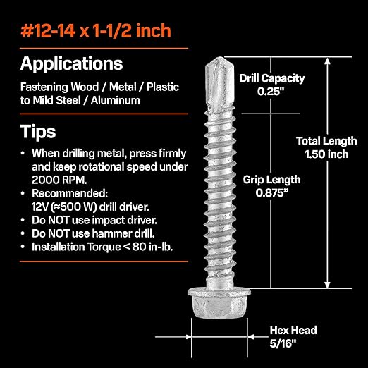 SUNKIN 72PCS Self Tapping Screws for Metal, Bi-Metal Stainless Steel 304 Rustproof, #12 x 1-1/2" Hex Head, Hardened Self Drilling Tip for Steel, Extreme Long Service Life