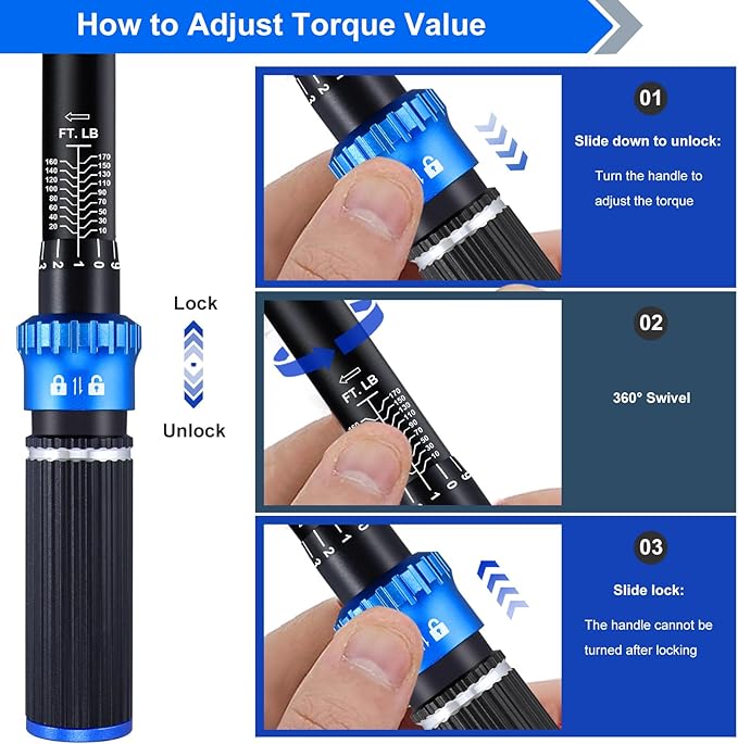 Torque wrench Set 1/2 drive,1/2 Torque Wrenches 10-170 FT.LB/13.6-230.5 Nm,짹3% Precision Wrench with 1/2'' to 3/8'' Socket Adapter, 5 Inch Extension Bar for Car and Moto Maintenance