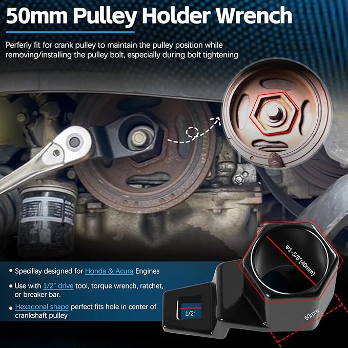 For Honda Crank Pulley Tool 19mm Harmonic Balancer Socket & 50mm Crankshaft Crank Pulley Wrench Holder Removal Holding Spanner Kit For Acura and Honda Engines, Deep Counter-Weighted Socket Tools