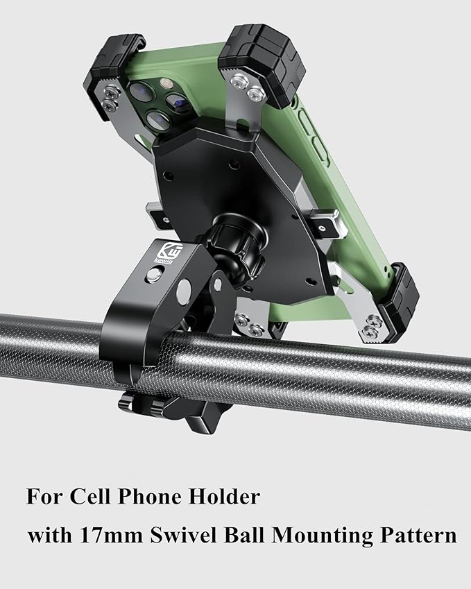 BRCOVAN 17mm Ball Clamp Mount Base with Aluminum Alloy Tough-Claw, Fit Handlebar Rail 0.5'' to 1.75'' in Diameter, Fit Bike Motorcycle Phone Mount Holder with 17mm Ball Socket & Double Socket Arm