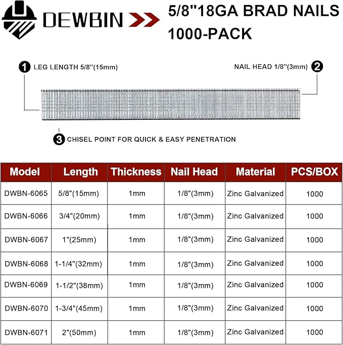 18 Gauge Brad Nails, 1000 Counts 5/8-inch 18 GA Brad Nails, Galvanized Nails for Nail Gun, Finishing Nail Gun Nails for Pneumatic, Electric Brad Nailer Gun