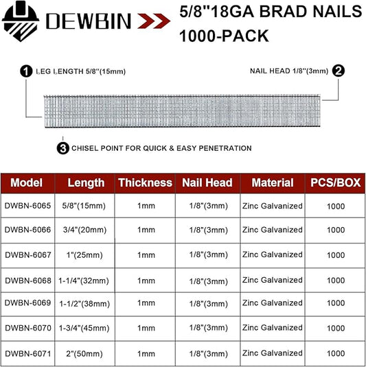 18 Gauge Brad Nails, 1000 Counts 5/8-inch 18 GA Brad Nails, Galvanized Nails for Nail Gun, Finishing Nail Gun Nails for Pneumatic, Electric Brad Nailer Gun