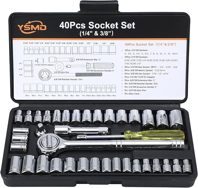 40 Pieces 1/4-Inch & 3/8-Inch Entry-level Drive Socket Set with Reversible Ratchet, Wrench Set with Extension bar, SAE/Metric for Starter Socket Wrench Set for Light Duty Use