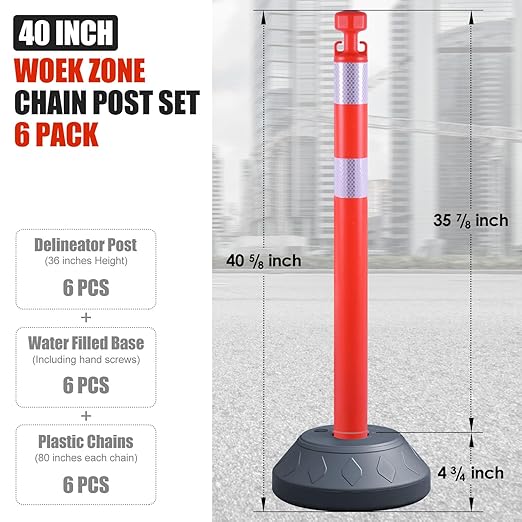 6 Pack 40" inch Work Zone Chain Post Set, Traffic Delineator Post Cones with Reflective Tapes, 6 x 6.6' Feet Plastic Chains, Portable Crowd Control Stanchion Set (Red-Water Filled Base)