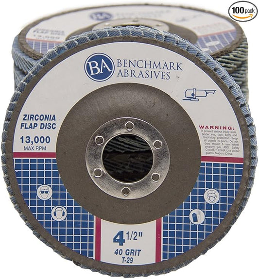 Benchmark Abrasives 4.5" x 7/8" Premium Zirconia T29 Angled Flap Discs 4 1/2 for Angle Grinder, Sanding Discs, Finishing, Rust, Stock Removal- Grinding Wheels 4 1/2 Inch (100 Pack) - 40 Grit