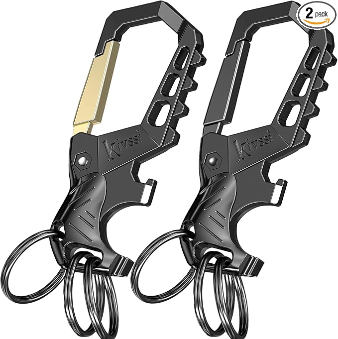 Heavy duty metal keychains, Carabiner clip Car key chains,Fashion family keychain bottle opener and 3 Key Rings suitable for men and women.(Black+Gold)