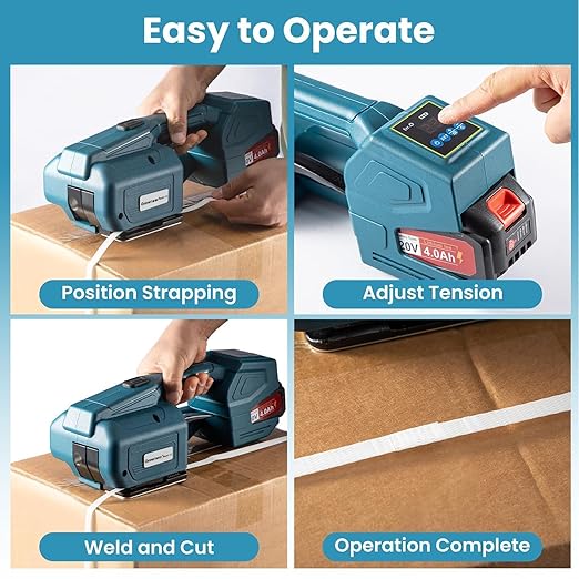 MorNon Electric Strapping Machine with LCD Display, Automatic Handheld Banding Tool for 13-16mm PP PET Straps, 2횞4000mAh Batteries, Portable Packaging Tensioner for Boxes and Pallets