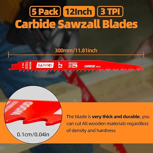 5 Pack 12 Inch 3 Tpi Carbide Reciprocating Saw Blades for Wood Cutting and Tree Trimming, Pruning Sawzall Blades with Carbide Tipped Teeth for Longer Life and Faster Cutting Speed