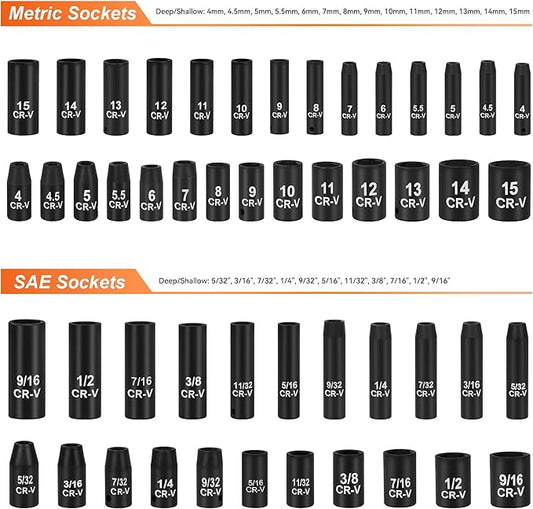 56-Piece 1/4" Drive Socket Set, SAE (5/32"-9/16") & Metric (4mm-15mm), Deep & Shallow, 72-Tooth Ratchet Wrench, Extension Bars, 3/8" F to 1/4" M Reducer, Universal Joint & Power Drill Adapter