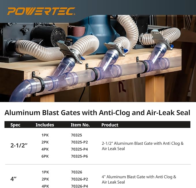 POWERTEC 70325-P2 Blast Gate 2-1/2 Inch, w/Anti Clog and Air Leak Seal for Dust Collection, 2 PK