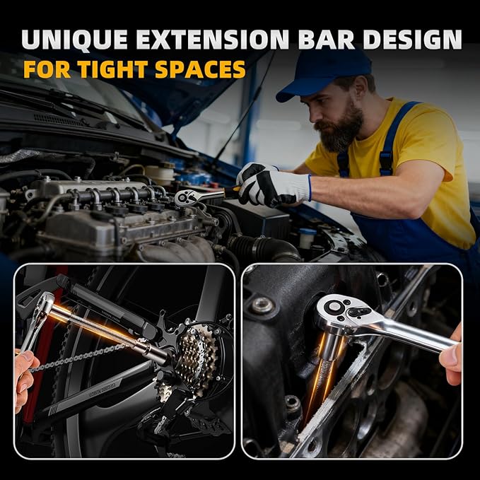46-Piece Socket Wrench Set, Premium 1/4 inch Metric Socket Set, Ratchet Set with Quick-Release Ratchet and Extension Bar, Compact Storage Case - Perfect for Auto Repair & Home Use