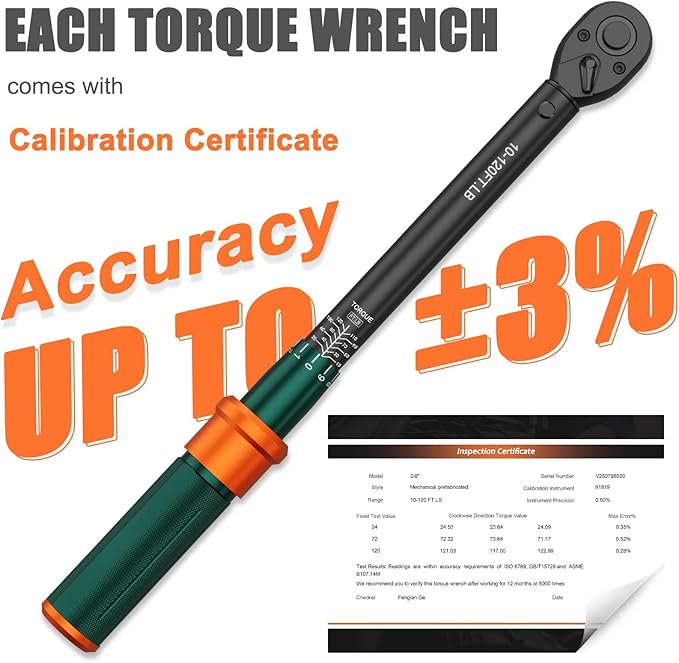 3/8-Inch Drive Torque Wrench, 10-120 Ft.Lb, 짹3% Accuracy, 72-Tooth Dual-Direction Adjustable Click Torque Wrench with Quick Release Ratchet for Bicycle, Motorcycle, Car Maintenance