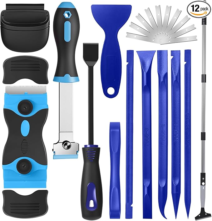 Tallew 12 Pcs Plastic Scraper Tool Razor Blade Plastic Pick Putty Knife Non Scratch Tool Set for Window Floor Label Removal Stickers Paint Cleaning Tile Floors Walls Labels Oil Stains (Classic Color)