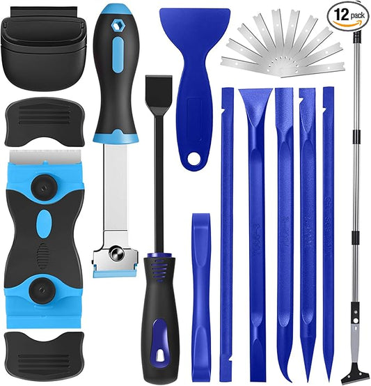 Tallew 12 Pcs Plastic Scraper Tool Razor Blade Plastic Pick Putty Knife Non Scratch Tool Set for Window Floor Label Removal Stickers Paint Cleaning Tile Floors Walls Labels Oil Stains (Classic Color)