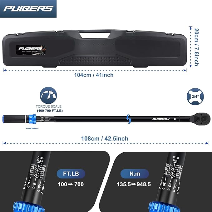 High Torque Wrench 3/4 Inch 100-700 ft, 3/4 Torque Wrench for Car, Truck, Tractor, Accuracy 짹 3% Two Directions Adjustable 48 Teeth Precision Instruments Wrenches