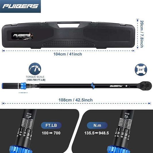 High Torque Wrench 3/4 Inch 100-700 ft, 3/4 Torque Wrench for Car, Truck, Tractor, Accuracy 짹 3% Two Directions Adjustable 48 Teeth Precision Instruments Wrenches
