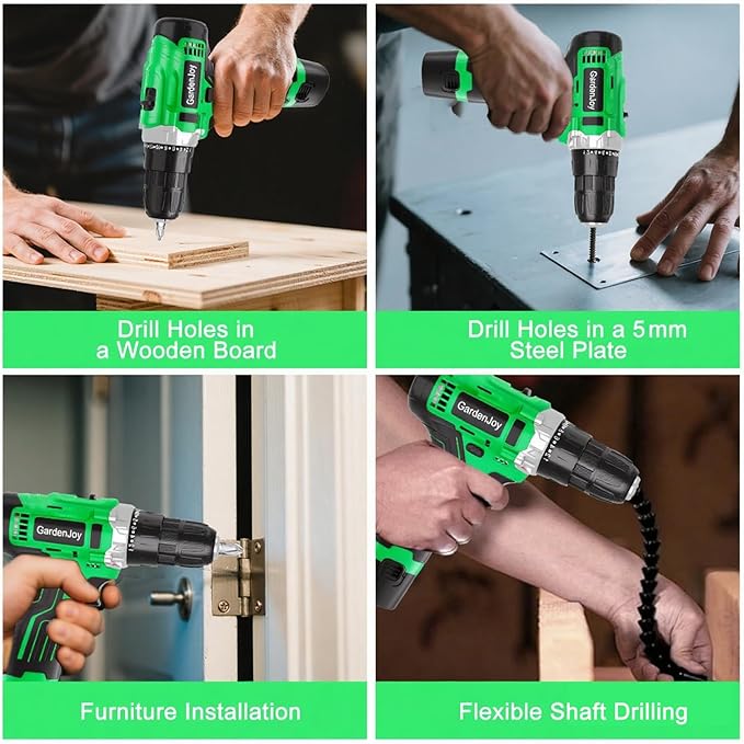12V Green Cordless Drill Kit, Home DIY, 2 Batteries & Fast Charger, Compact, 2-Speed, 3/8" Keyless Chuck, 24+1 Torque, LED Light for Wood and Metal