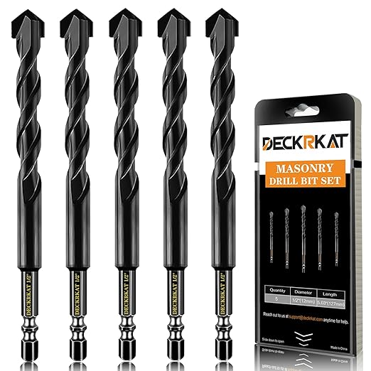 DECKRKAT 5-Piece 1/2" Carbide Masonry Drill Bits for Concrete, Brick, Tile - Black Hex Shank Set w/Heavy-Duty Case, Quick Change Fit Drill Driver