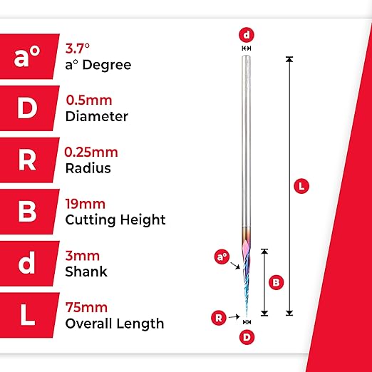 Amana Tool 48418-K-M CNC Spektra Extreme Tool Life Coated SC 2D and 3D Carving 3.7 Deg Tapered Angle Ball Nose x 0.50mm D x 0.25mm R x 19mm CH x 3mm SHK x 75mm Long x 3 Flute Router Bit