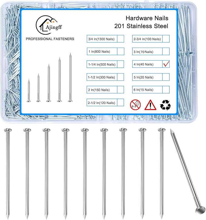 40PCS Galvanized Steel Hardware Nails with Storage Box, 4Inch Flat Head Nails for Hanging Pictures and Woodworking, Picture Hanging Nails, Long Nails, Wall Nails, Wood Nails, Finishing Nails