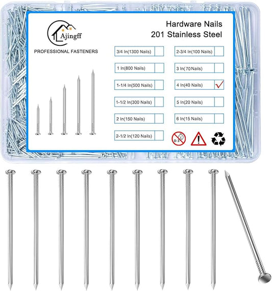 40PCS Galvanized Steel Hardware Nails with Storage Box, 4Inch Flat Head Nails for Hanging Pictures and Woodworking, Picture Hanging Nails, Long Nails, Wall Nails, Wood Nails, Finishing Nails