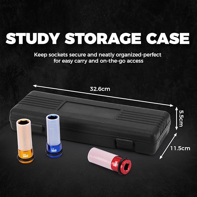CASOMAN 7PCS 1/2" Drive Deep Lug Nut Impact Socket Set, Non-marring & Thin Wall Wheel Protector, Color-Coded, 85mm Length, 6 Point, Metric, CR-MO