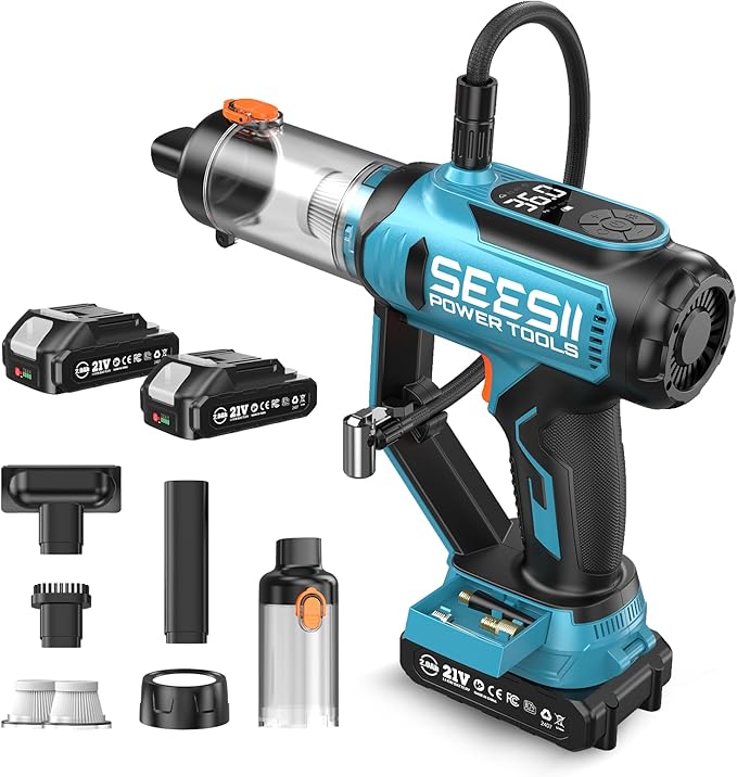 SEESII 3-in-1 Tire Inflator, Portable Air Compressor & Car Vacuum Cleaner & Searchlight, 21V Car Tire Air Pump with Digital Pressure Gauge, 150 PSI Max for RV SUV Tires, Motorcycles, E-Bikes