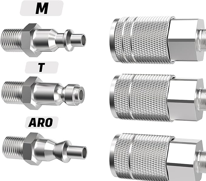 Air Compressor Accessories Fittings, Automotive T-type, 1/4 Inch Body Size, 1/4 Inch Female Threads Size, Steel Material, 300PSI Max Working Pressure, 10 Pieces Air Hose Plug Set