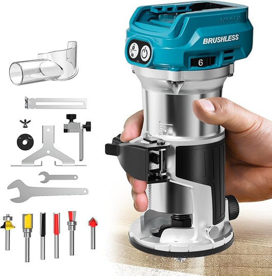 Cordless Compact Router Compatible with Ma-kita Battery (Bare Tool), 6 Variable Speeds Router Tool for Woodworking, 800W Fixed Base Wood Router with Trim Router Bits