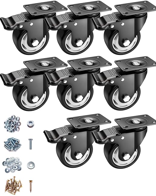 Casters, 3" Caster Wheels竊똂asters Set of 8 Heavy Duty - ASRINIEY Black Polyurethane Castors, Top Plate Swivel Wheels, 8-Pack Industrial Casters with Brake, Locking Casters for Furniture and Workbench