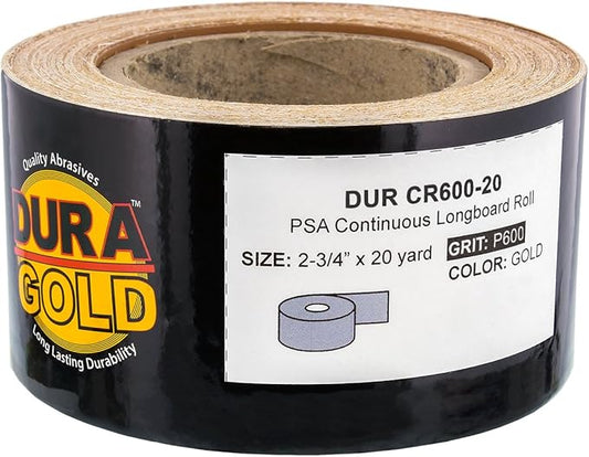 Dura-Gold Premium Gold 600 Grit PSA Longboard Sandpaper, 20 Yard Roll, 2-3/4" Wide, Self Adhesive Stickyback, Woodworking & Automotive Sandpaper Roll, Air File Sand Paper, Auto Sanding Blocks