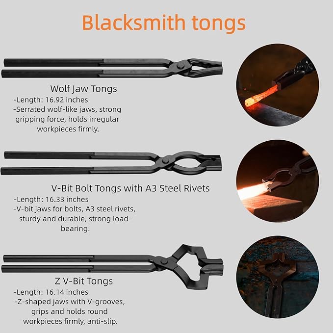 4PCS Blacksmith Tools with Blacksmith Tongs and Blacksmith Hammer, Z V-Bit, Wolf Jaw,V-Bit Bolt with A3 Steel Rivets,and Assembled Blacksmithing Tongs for Forging Tools and Equipment