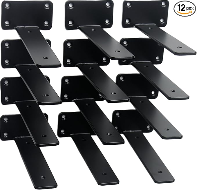 12 Pack - 7 inch Black Hidden L Shelf Bracket (1/5 Inch Thicked) Iron Floating Shelf Brackets Rustic Industrial Metal Brackets for Shelf Support