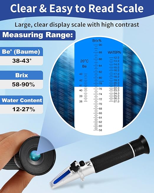 Honey Refractometer for Moisture, Brix and Baume, Brix Meter Refractometer with ATC, (12-27% Honey Moisture, 58-90% Brix, 38-43째 Baume), Refractometer Brix for Honey, Maple Syrup, Molasses, Fruit Jam