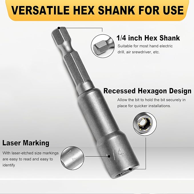 Auniwaig Magnetic Nut Setter Driver Drill Bit Set 1/4" Hex Shank to 1/4" Hex Socket Power Nut Driver Bits, 65mm Long, 10pcs