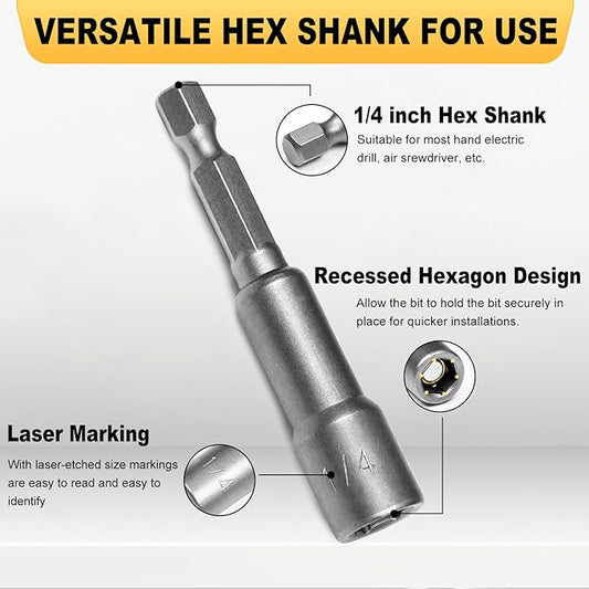 Auniwaig Magnetic Nut Setter Driver Drill Bit Set 1/4" Hex Shank to 1/4" Hex Socket Power Nut Driver Bits, 65mm Long, 10pcs