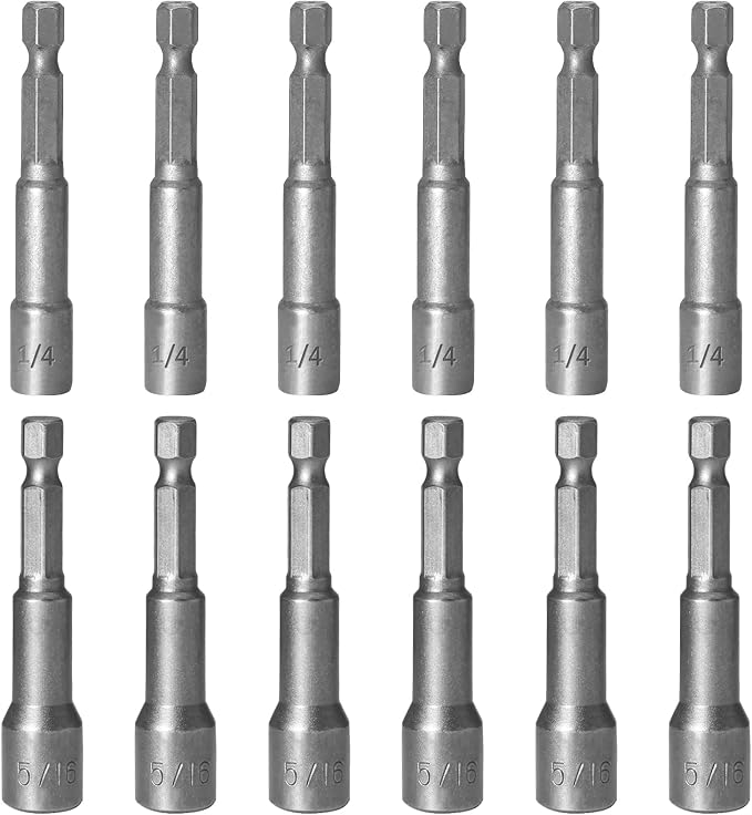 1/4 and 5/16 Inch Magnetic Nut Driver Bit Set, 12 Pcs Chrome Vanadium Steel Impact Drill Bits, Quick Change Socket Nut Driver Adapter with Hex Shank, 65mm Length
