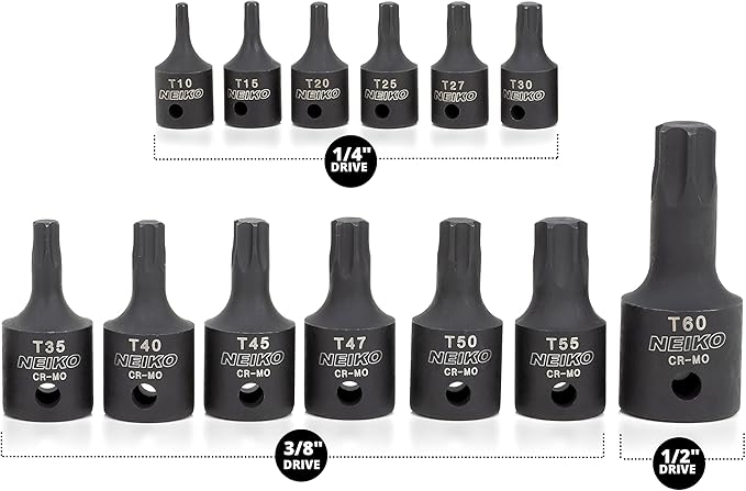 NEIKO 10281B Impact Torx Bit Socket Set, 1/4", 3/8" and 1/2" Drive, 6 Point Star Sockets, Heavy Duty Impact Grade Cr-Mo, T10 to T60 High Impact, Professional Grade Auto & Motorcycle Mechanic Socket