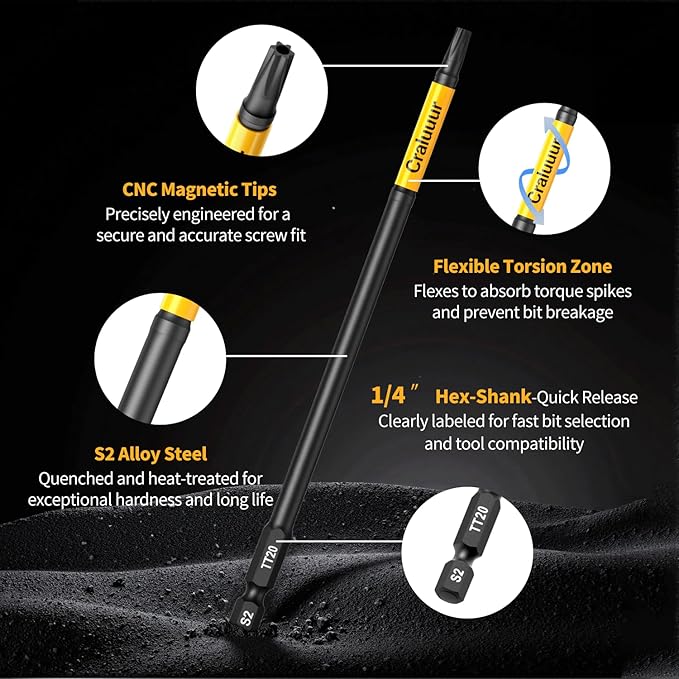 14PCS Impact Long Torx Bit Set, 6-Inch, T7?밫40, Tamper Proof Star Bits Set, Magnetic Security Torx Bit Set with 1/4 Inch Hex Shank, S2 Steel, Ideal for Automotive, DIY, Electronics