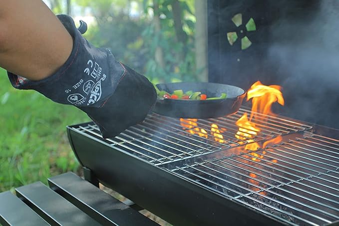 Fireplace Gloves Fire Heat Resistant: Dark-Grey 16IN 932??- Fireproof Leather for Fireplace Fire Pit Wood Stove Campfire Furnace BBQ Grill Oven Stick Mig Welding Welder Gear - Birthday Gift XL