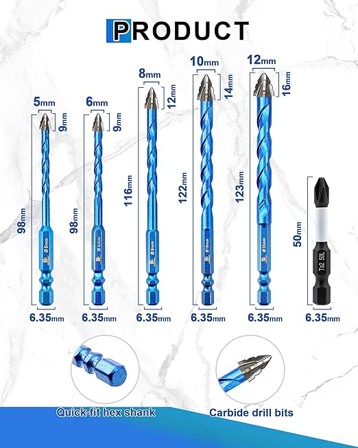 Serrated Carbide Masonry Drill Bit Set 3/16"*10 - Wood Drill Bits for Wood/Plastic/Masonry/Ceramic Tile Hex Shank Drills