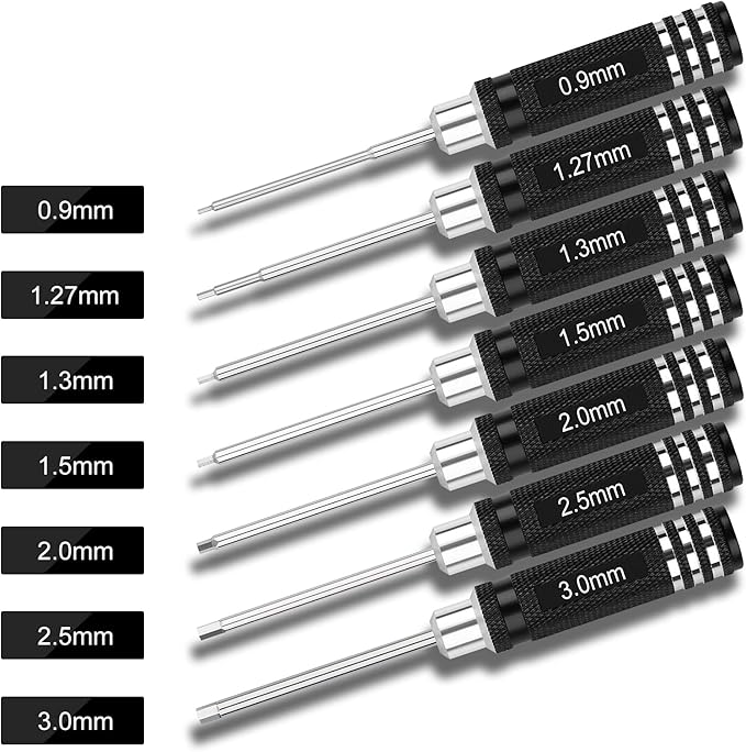 RC Tool Kit,7PCS Hex Precision Screwdriver Set with 0.9/1.27/1.3/1.5/2.0/2.5/3.0mm Hobby Tools Hexagon Wrench Repair Tools Compatible with SCX24 Traxxas Redcat RC Cars Trucks