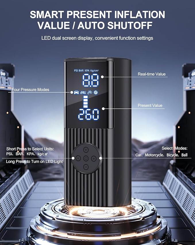 Tire Inflator Portable Air Compressor, 180PSI Cordless Air Pump with Digital Gauge, LED Light and Auto Shut-Off Function, 3X Faster Air Compressor for Car, Motorcycle, Bicycle, Ball
