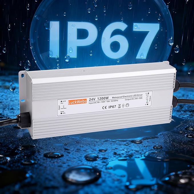 LED Driver 24V1200W Waterproof Power Supply AC 90-130V to DC 24V50A Low-Voltage Transformer IP67 Rated Converter Suitable for High-Power LED Lighting and Any 24V DC Equipment
