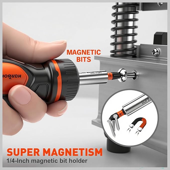 HORUSDY Magnetic Portable Screwdriver Bit Set: 8-in-1 Ratcheting Screw Driver Includes 1/4?쒫it Driver Holder, 7 Screwdriver Bits with Phillips, Slotted, Square, Hex, for Garage & Daily Repair