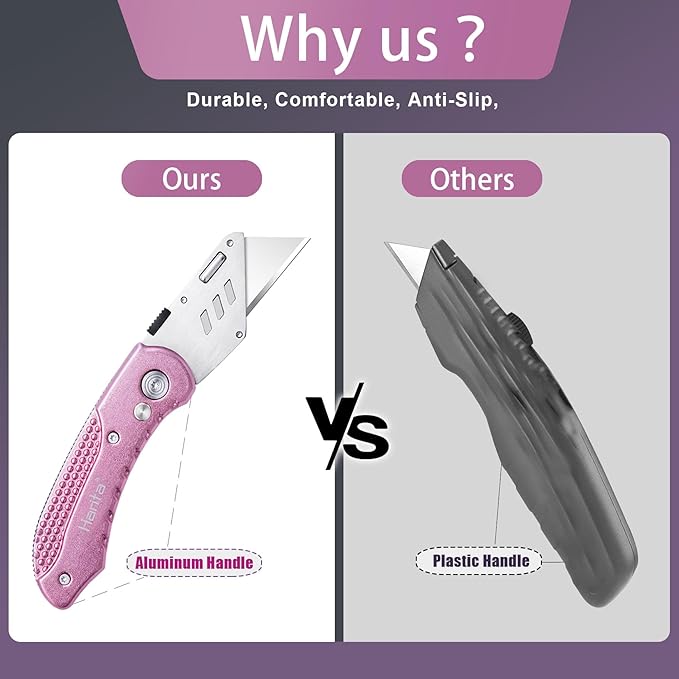 Box Cutter, Folding Utility Knife with Aluminum Handle, Heavy Duty Knife, Back-lock Mechanism, Stainless Belt Clip, for Carpet, Carton, Box, Cardboard, with 5-piece Extra Blades (Pink)