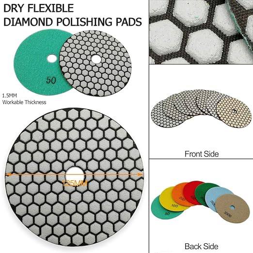 SHDIATOOL 5 Inch Dry Diamond Polishing Pads Set of 7 Pieces Plus a Rubber Backer for Granite Marble Quartz