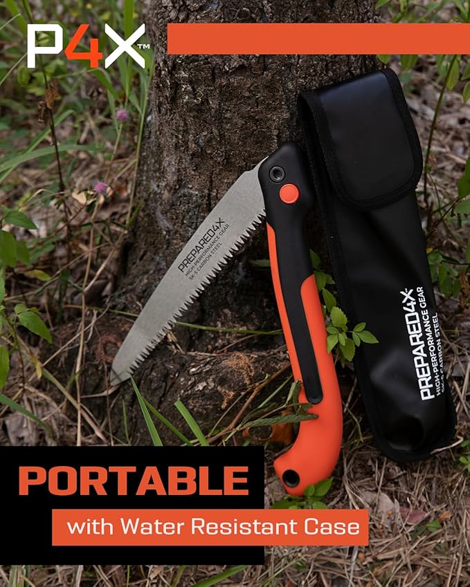 Prepared4X Folding Saw - 8.5" Camping Saw for wood cutting -Heavy Duty, Lightweight SK-5 Steel Blade with Safety Lock, Ergonomic Non-Slip Grip